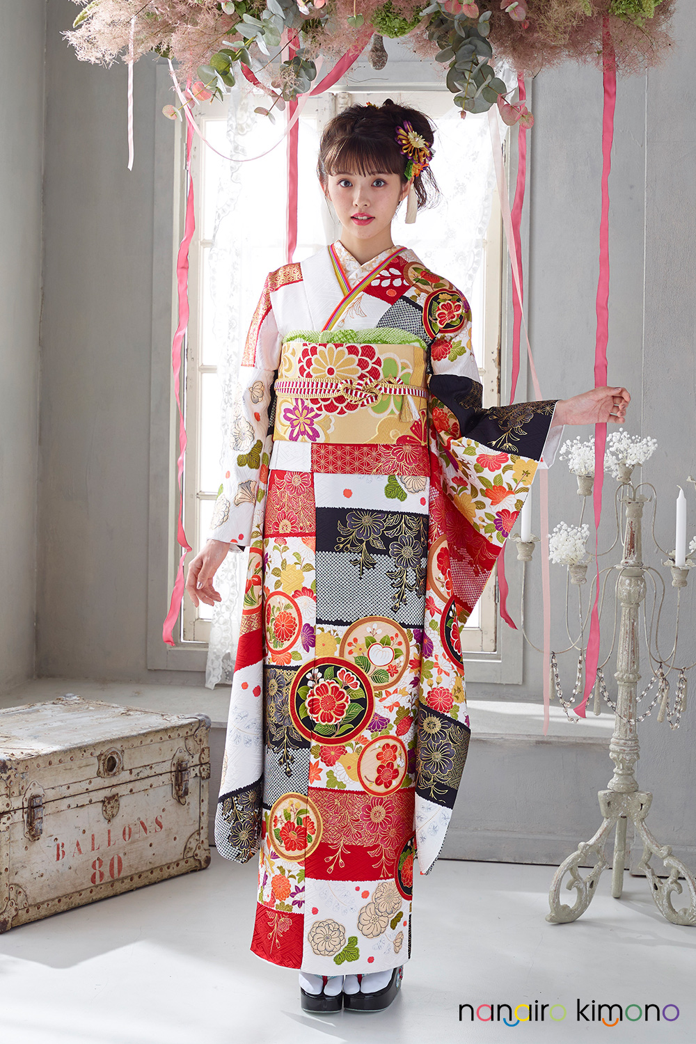 専用 高級品 正絹 成人式 振袖セット 長襦袢 帯 ポップ 古典柄 花柄 白