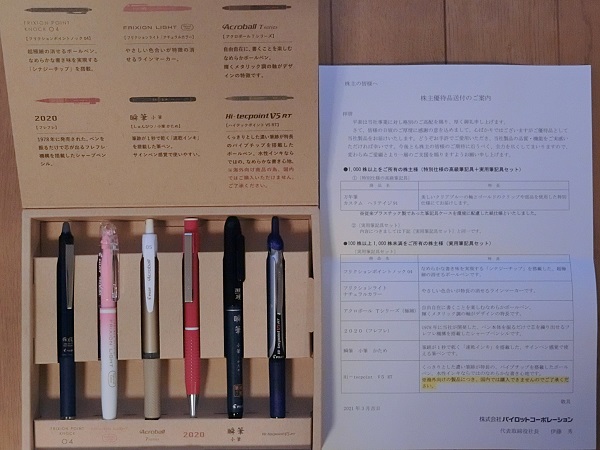 最新！ 2025年6月1日到着！ パイロット 株主優待 1000株保有品 最新！