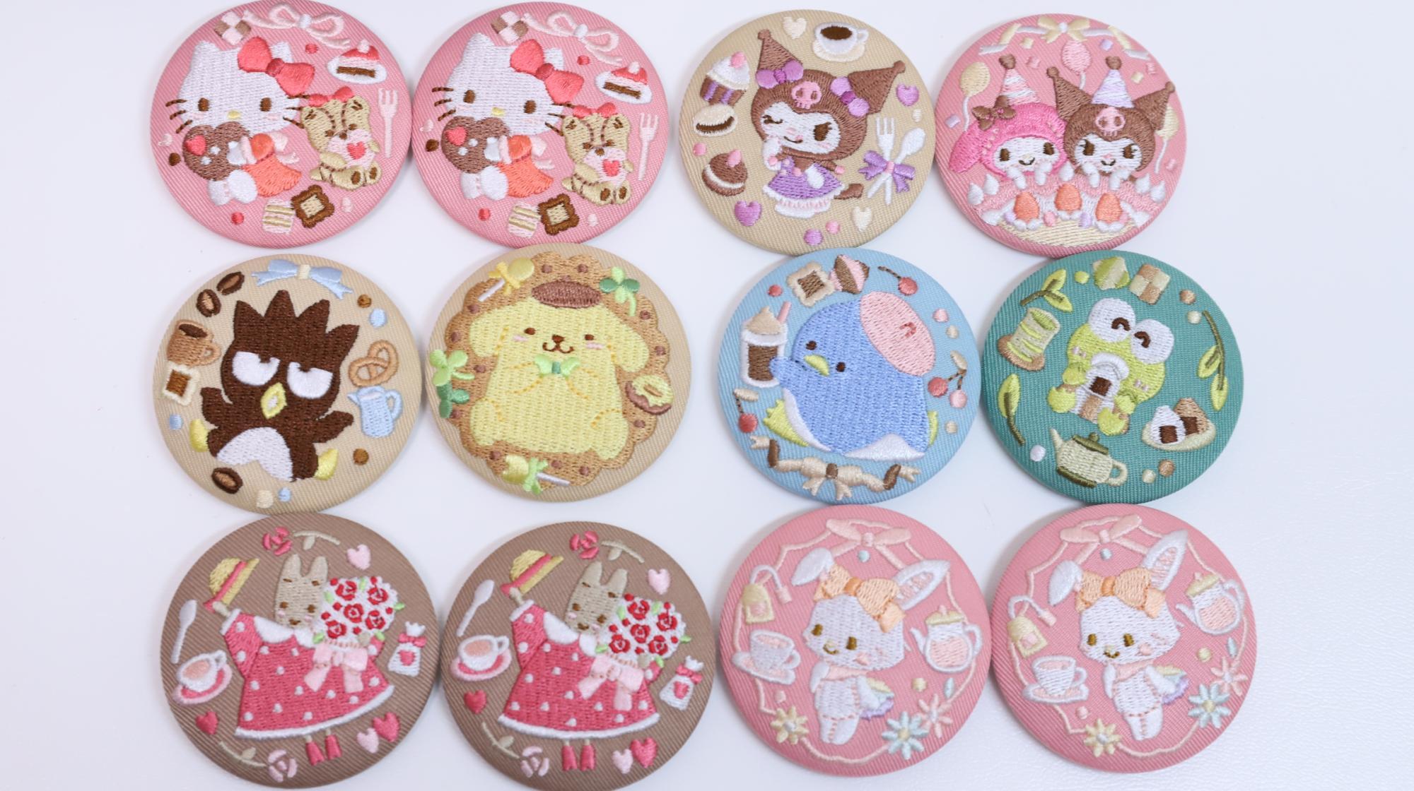 ハローキティやクロミの刺繍缶バッジ。サンリオキャラクターズ刺繍缶