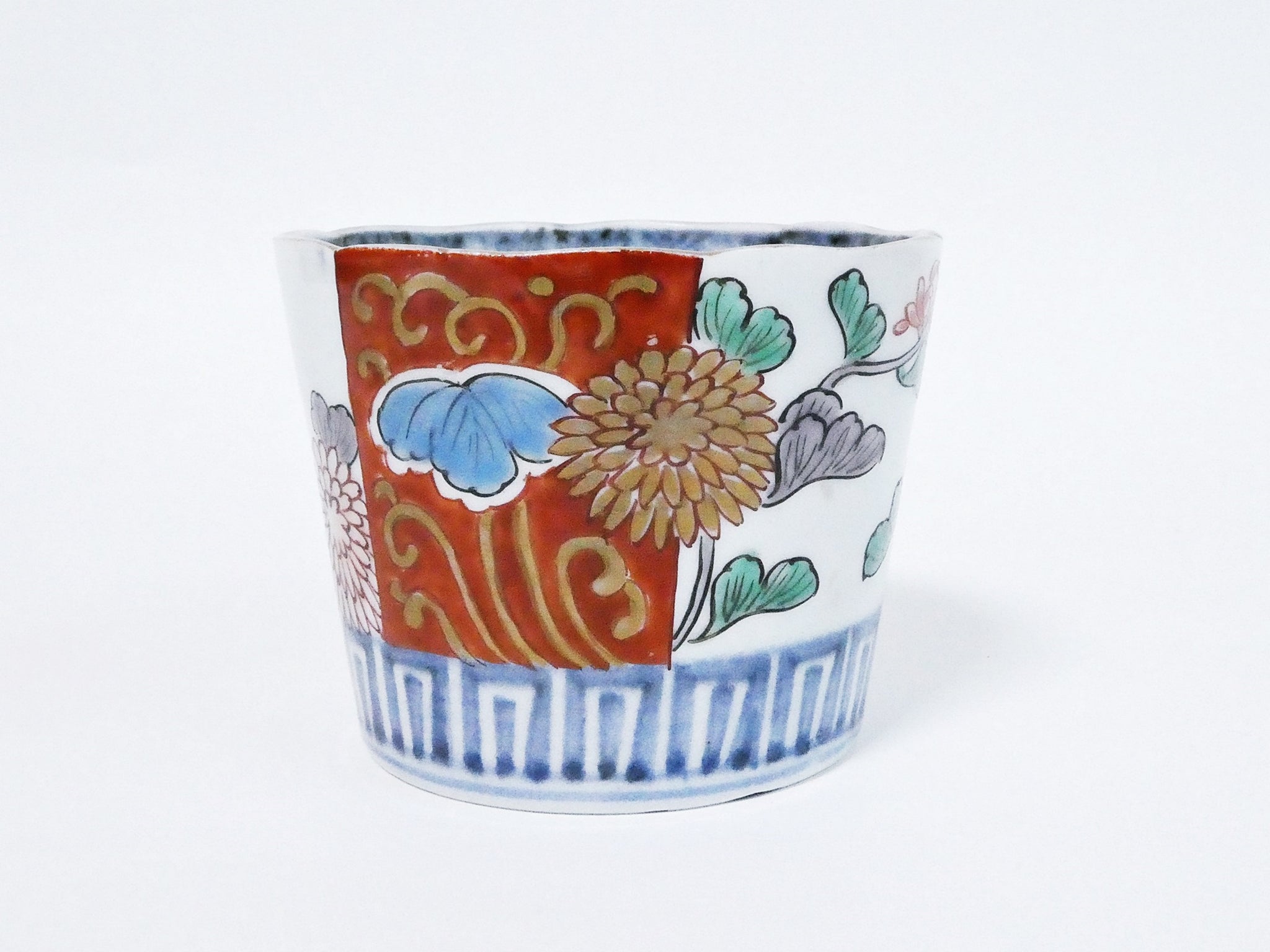 古伊万里色絵窓絵岩に東屋笹に花の図蕎麦猪口351AS-fbmr