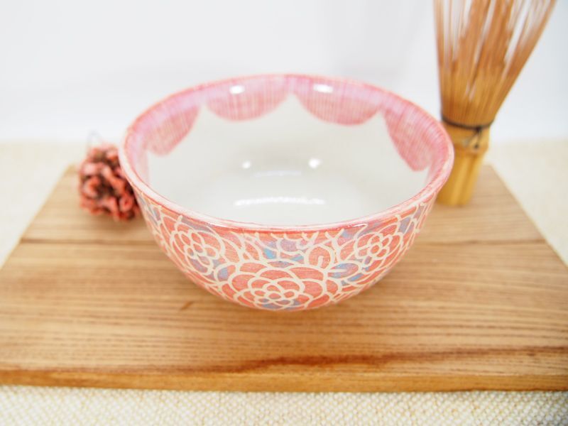 紋花彩泥掻落 抹茶茶碗ドット (赤×水色） 【nicorico】茶道具陶器