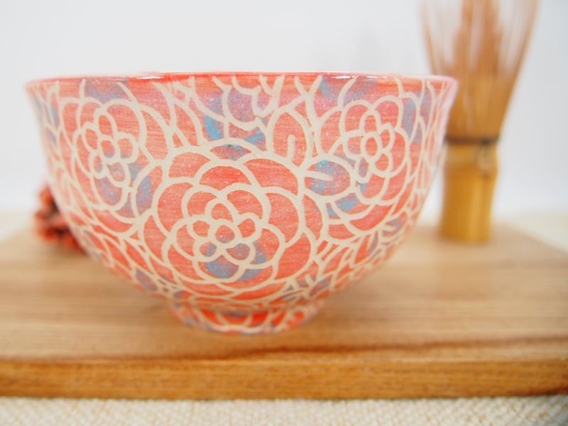 紋花彩泥掻落 抹茶茶碗ドット (赤×水色） 【nicorico】茶道具陶器