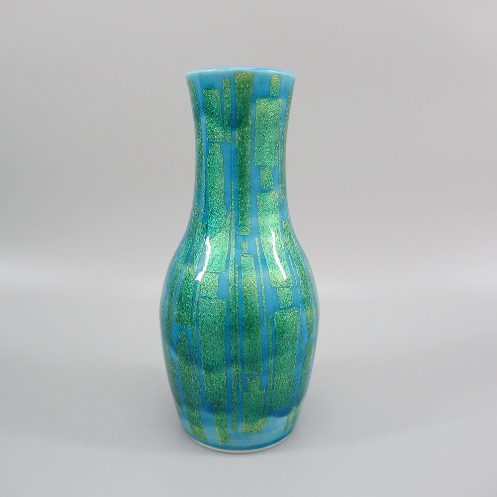 佐賀県を代表する陶芸家 小野珀子 青緑色の釉裏金彩 水指 木箱付き