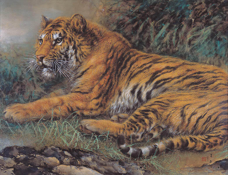 真作】【伝来】厳選特集 sh5789〈大橋翠石〉乳虎図 共箱 二重箱 東京