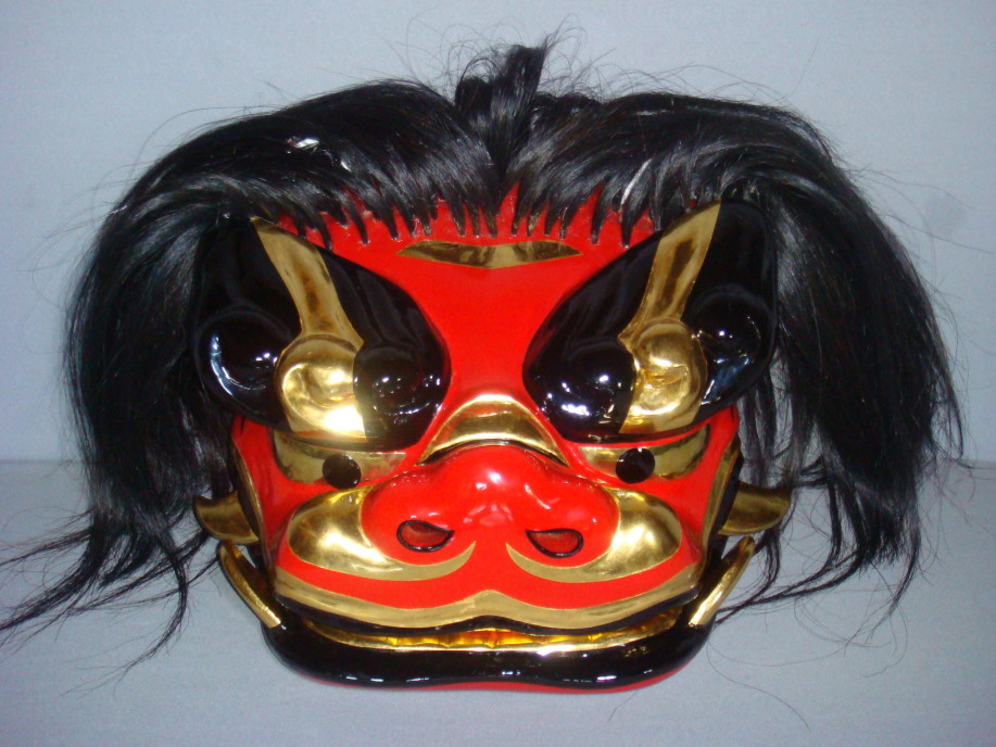 獅子舞 獅子頭 赤黒木製 獅子舞 獅子頭 木彫 魔除け 祭 置物 古美術