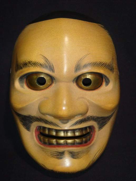 木製 能面 笑顔の黒色 能面 黒髭 文化遺産オンライン