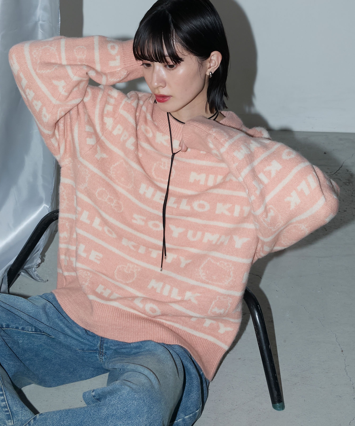 HELLO KITTY × forksy.】ロゴボーダー ジャガードニットプルオーバー