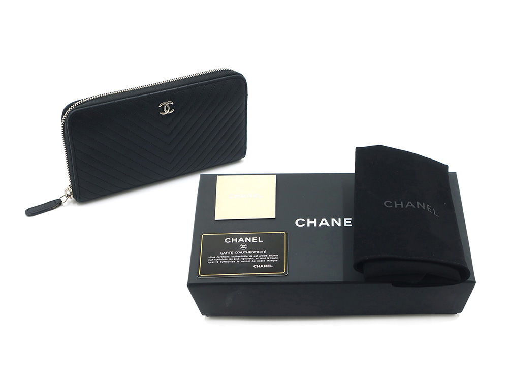 シャネル Vステッチ ココマーク レザー 長財布 ブラック A50047