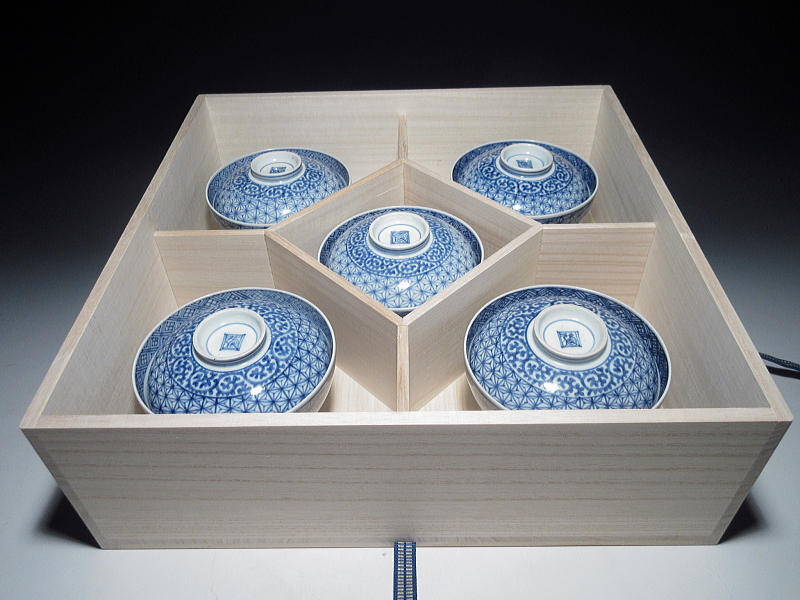 古伊万里 染付 麻の葉蛸唐草文 蓋茶碗 5客組【元禄～享保】 ｜ 古陶磁