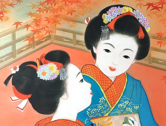 No3654 額装 在銘 弘陽 舞妓図 肉筆絹本 日本画 美人画 絵画 送料無料