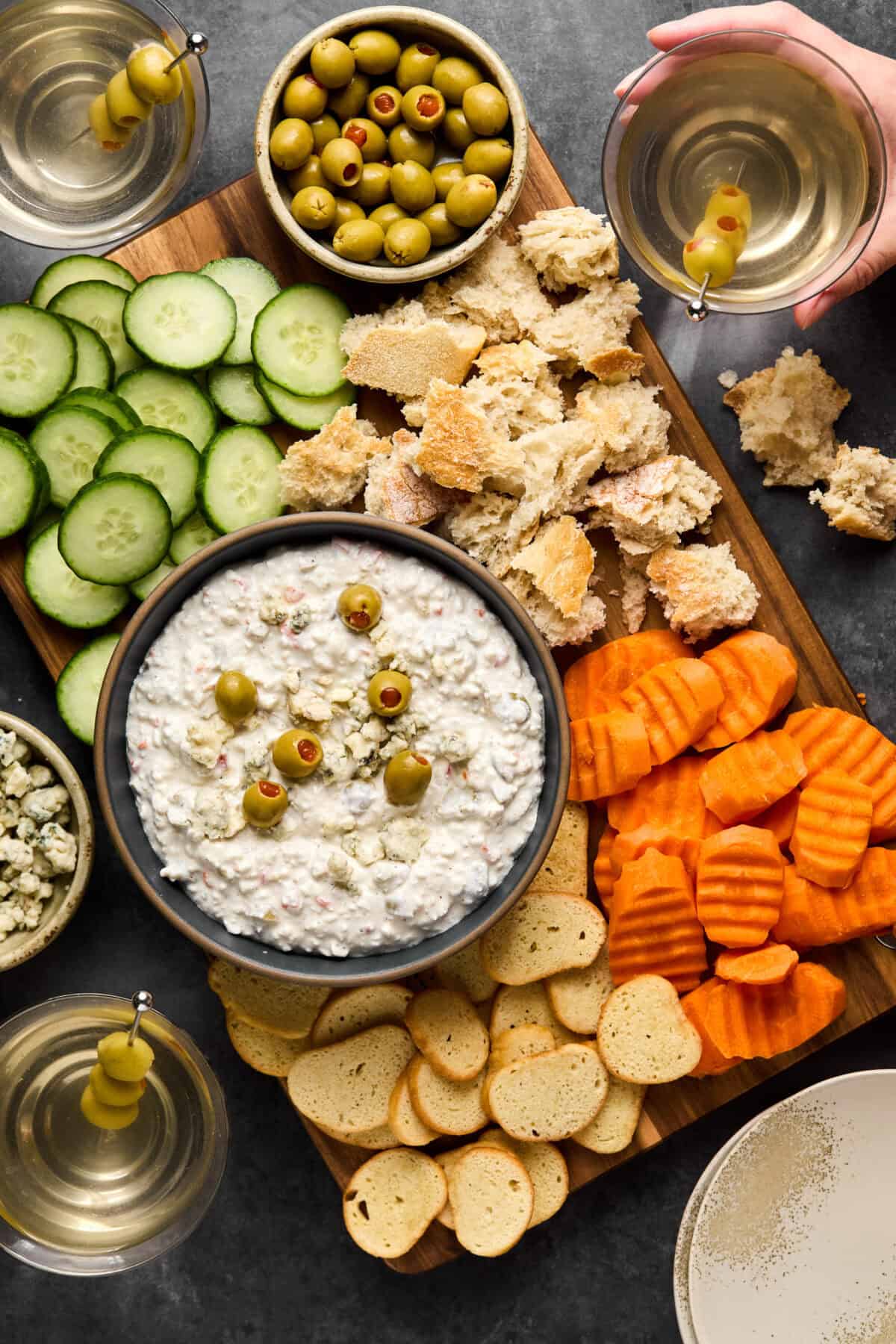 High Protein Blue Cheese Stuffed Dirty Martini Dip - Oh Snap Macros