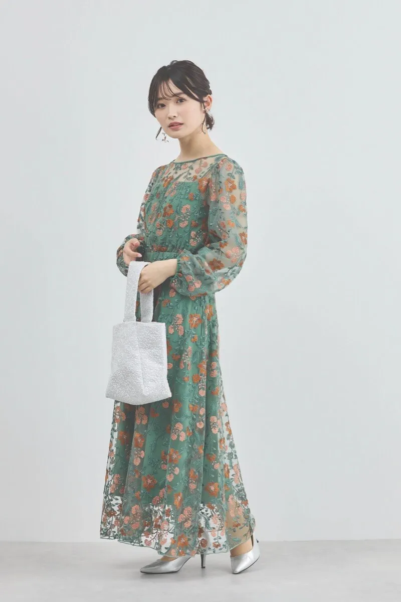 グリーンのフラワーエンブロイダリーオーガンジードレス[M] kastaneの