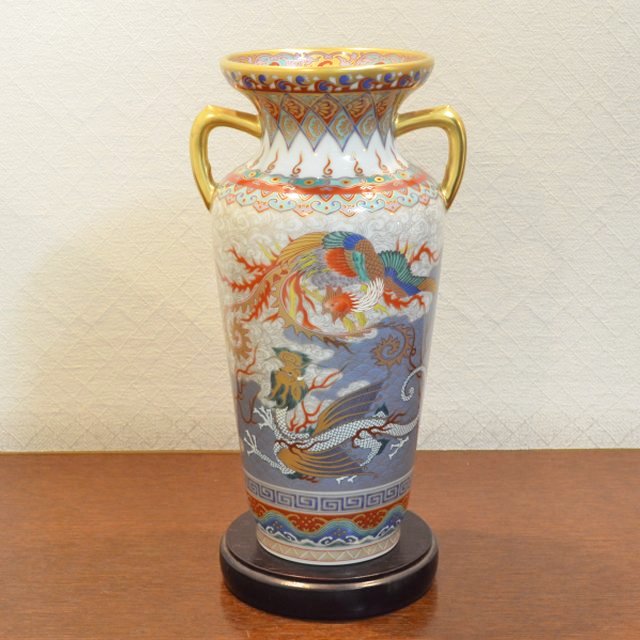 2721 有田焼 桃司作 金襴手 鳳凰 透かし網目 花瓶 2721 有田焼 桃司作