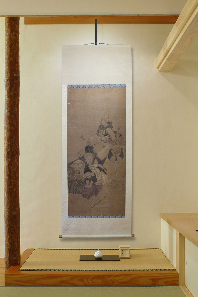 七福神の掛け軸2枚（166㎝×46㎝）木製木箱付 七福神の