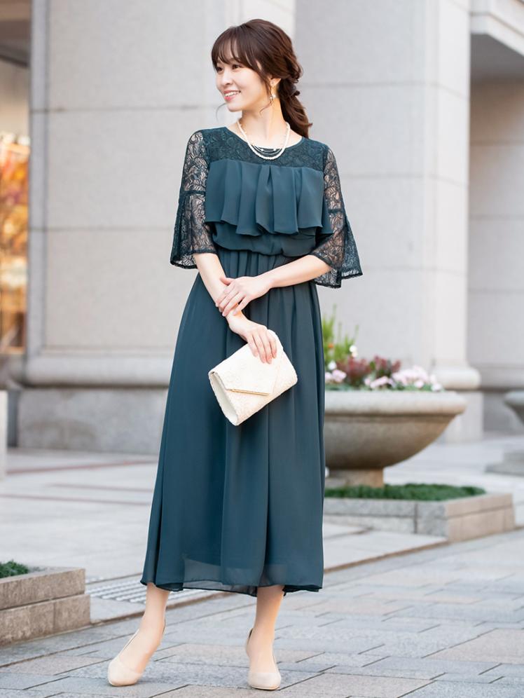 フレアディティールドレス(グリーン)CR1-374GR-XL | OTONA DRESS