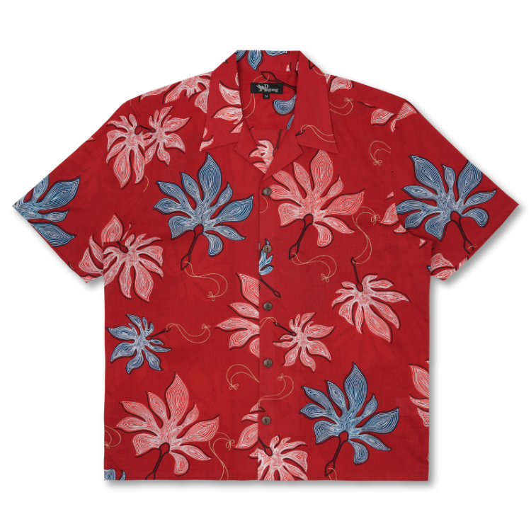 和柄 コットンアロハシャツ ＜鞍馬天狗のうちわ/赤橙＞ | 京友禅アロハ