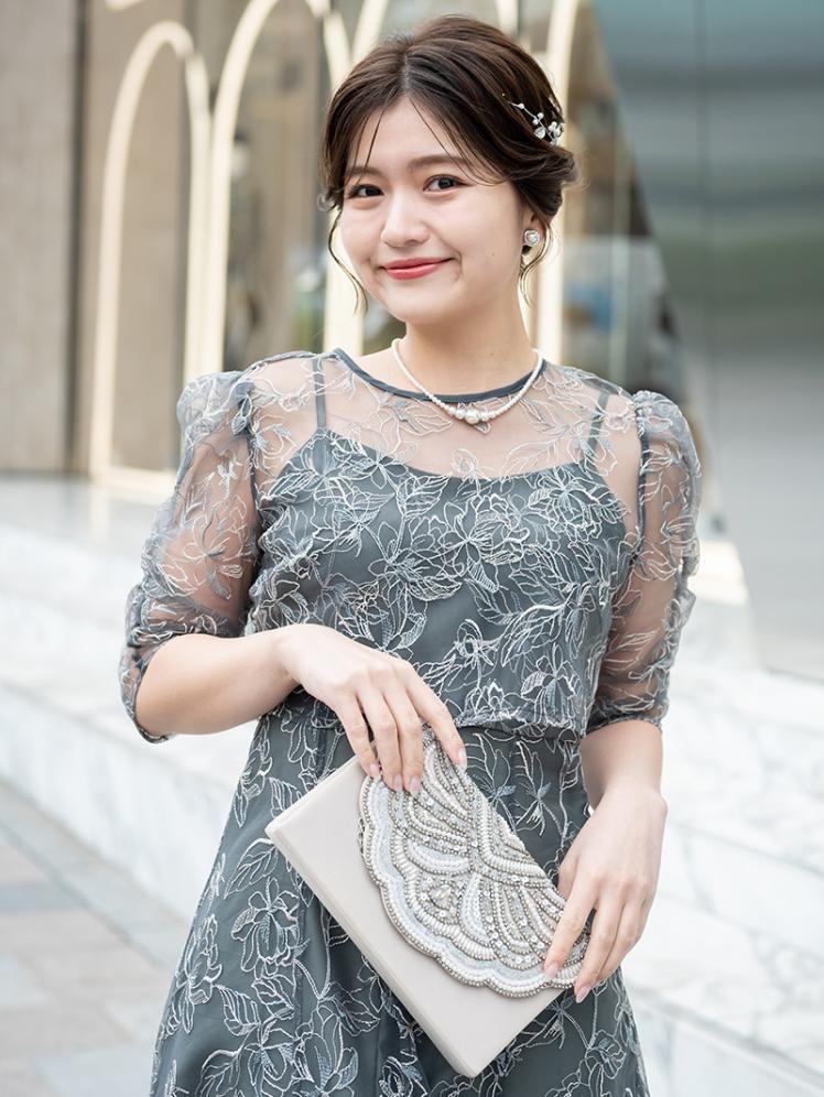 ボレロ付き花柄刺繍ドレス(チャコールグレー)CR1-456C-GRY-M