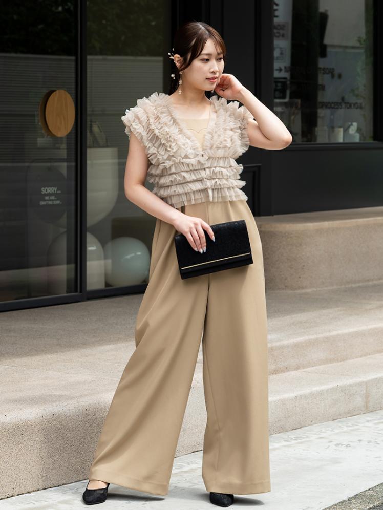 チュールベスト付きオールインワンパンツドレス(ベージュ)AB3-433BE-M