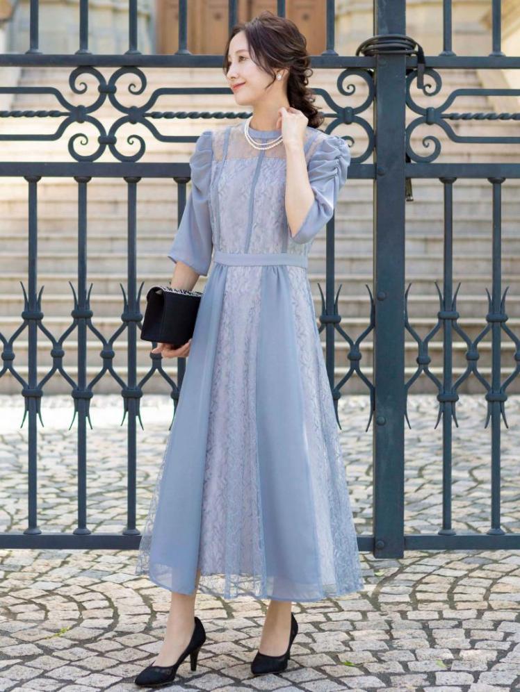 パワーショルダー切替レースドレス(ブルーグレー)CR1-407BU-S