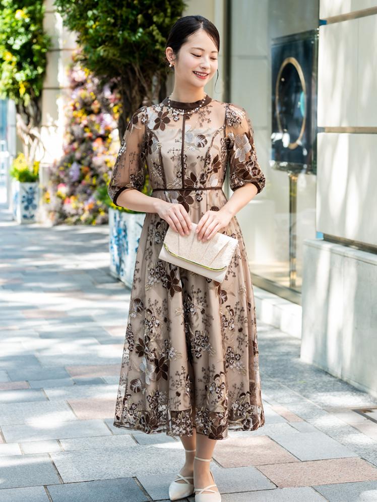 フラワー刺繍ドレス(ブラウン)CL1-439BR-M | パーティドレススタイル