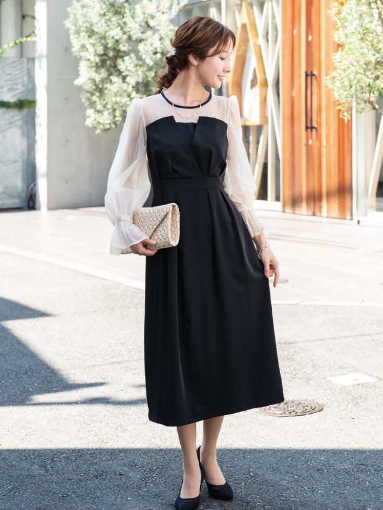 ビスチェ風シアースリーブドレス(ブラック)H1-441BL-M | パーティ