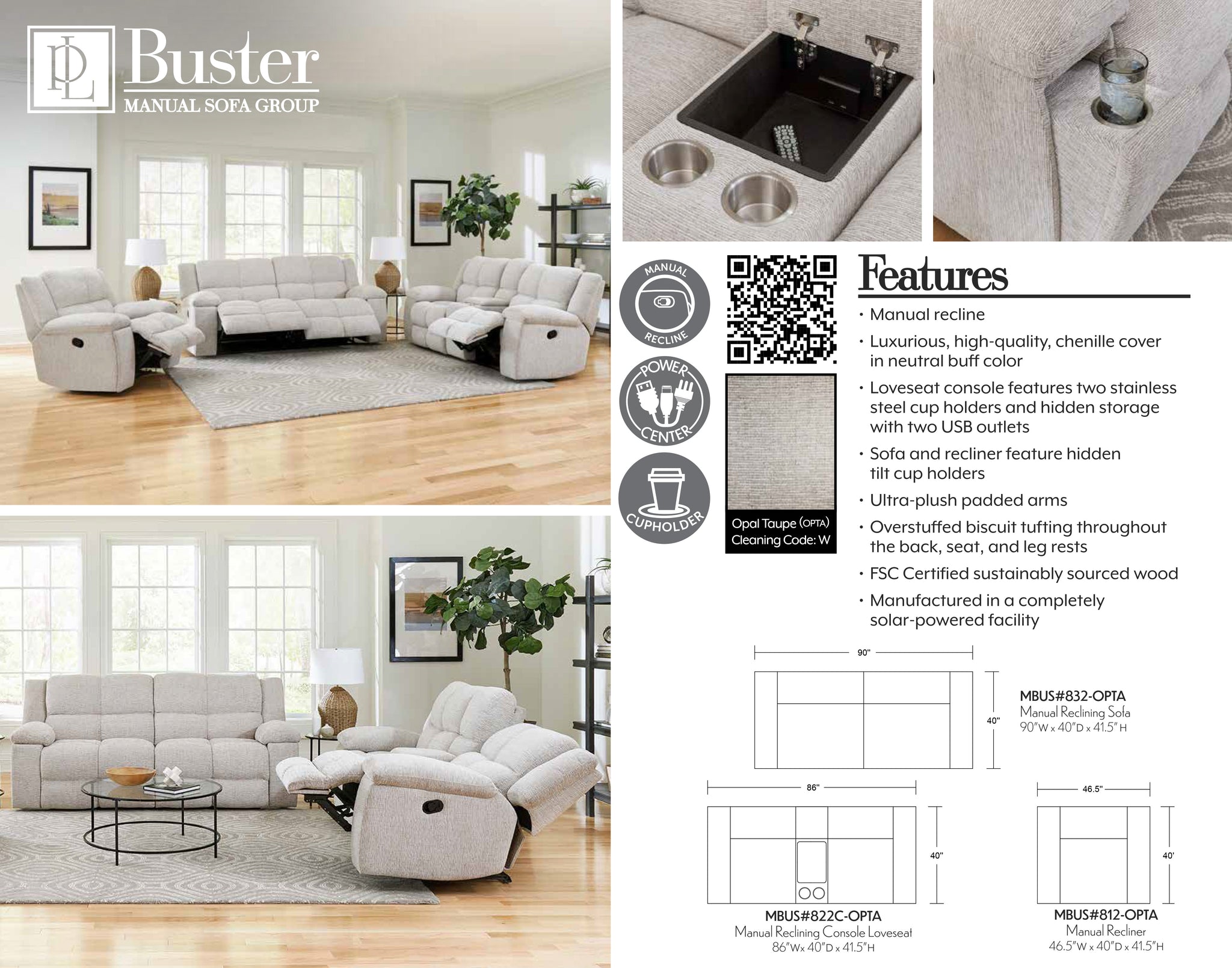 BUSTER - OPAL TAUPE Manual Dual Reclining Console Loveseat