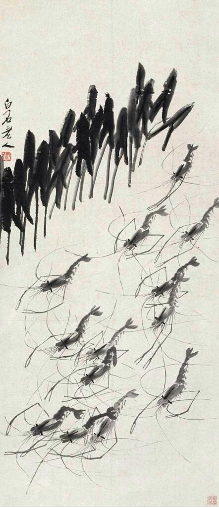 エビの水墨画 掛軸 斎白石の息子 エビの水墨画 掛軸 斎白石の息子