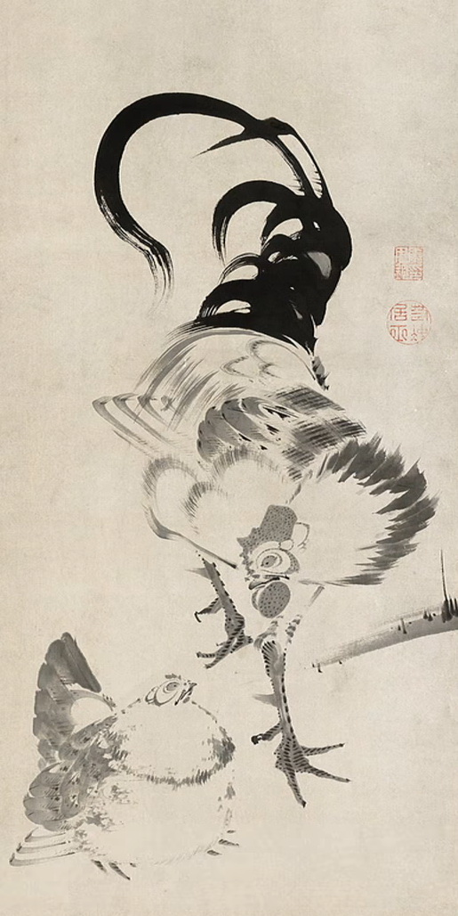 掛軸 伊藤若冲筆 水墨画 鶴図 紙本 二重箱 G R7656B 掛軸 伊藤若冲筆