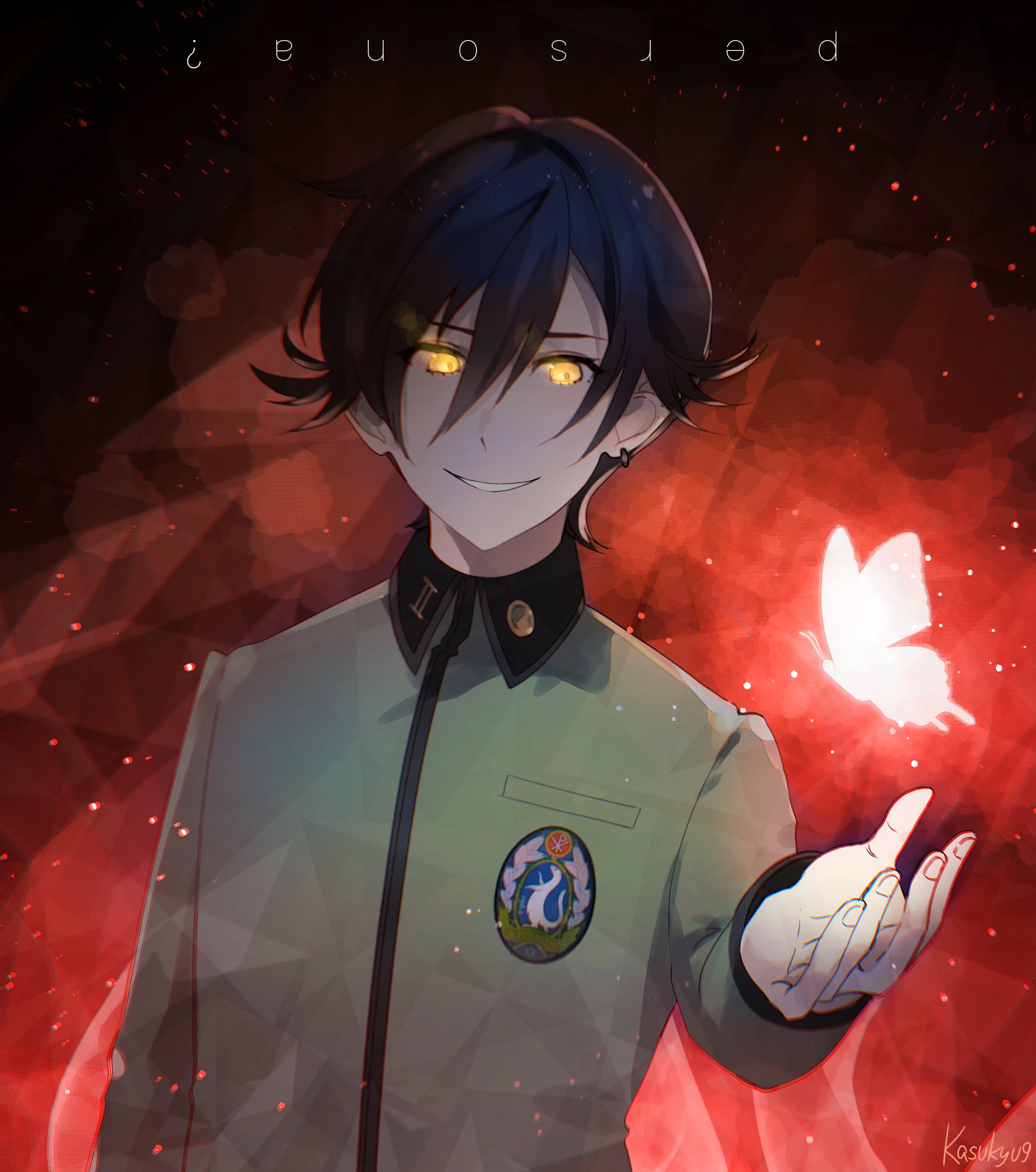 ペルソナ 25th アニマックスカフェ スクエア缶バッジ 主人公 ピアスの