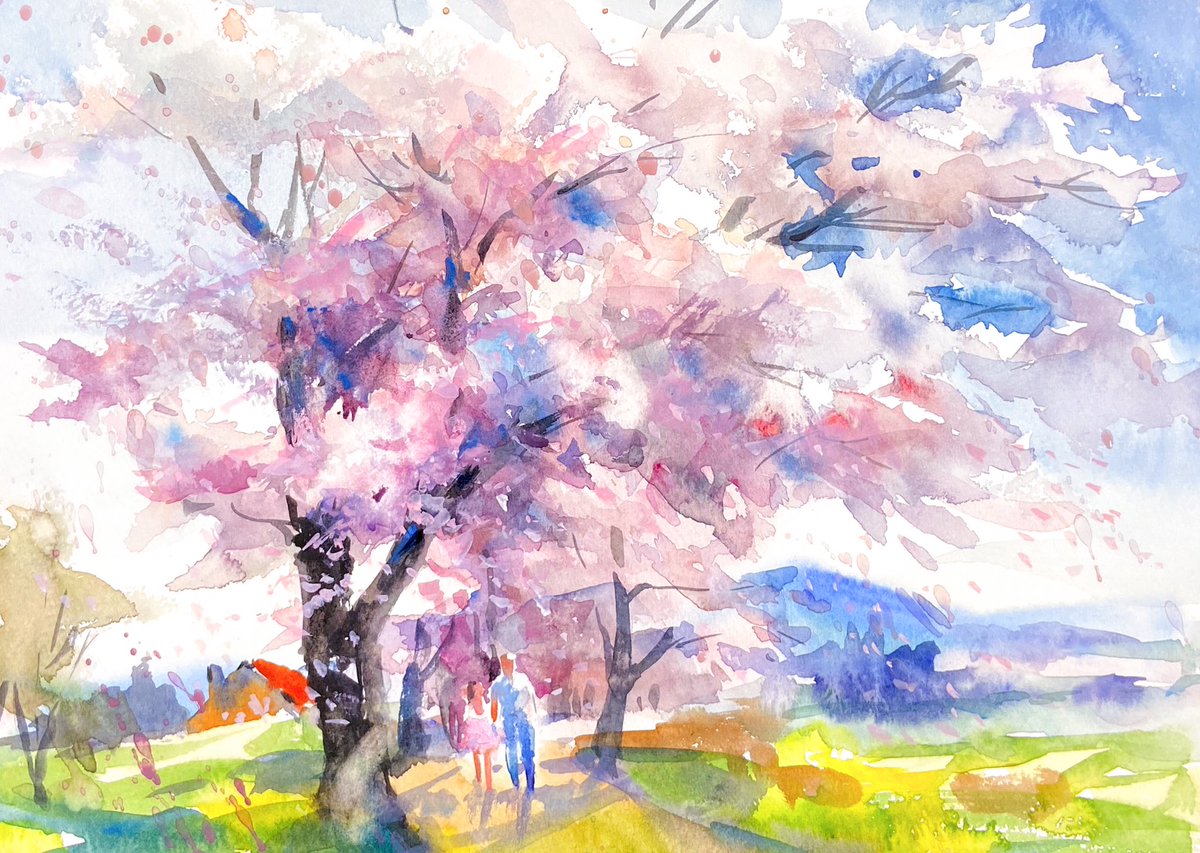 Cherry Blossoms #watercolor #painting 桜の風景を描くを公開したよ