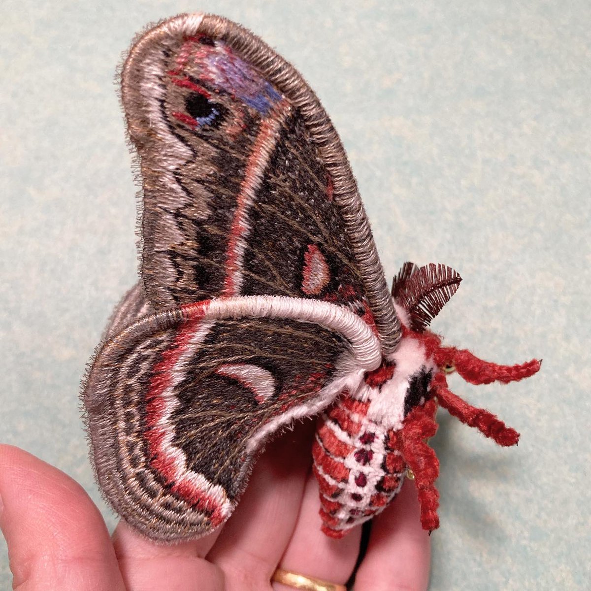 刺繍の蛾。セクロピアサン氏の蛾ブローチ。ダイナミックで美しい方です