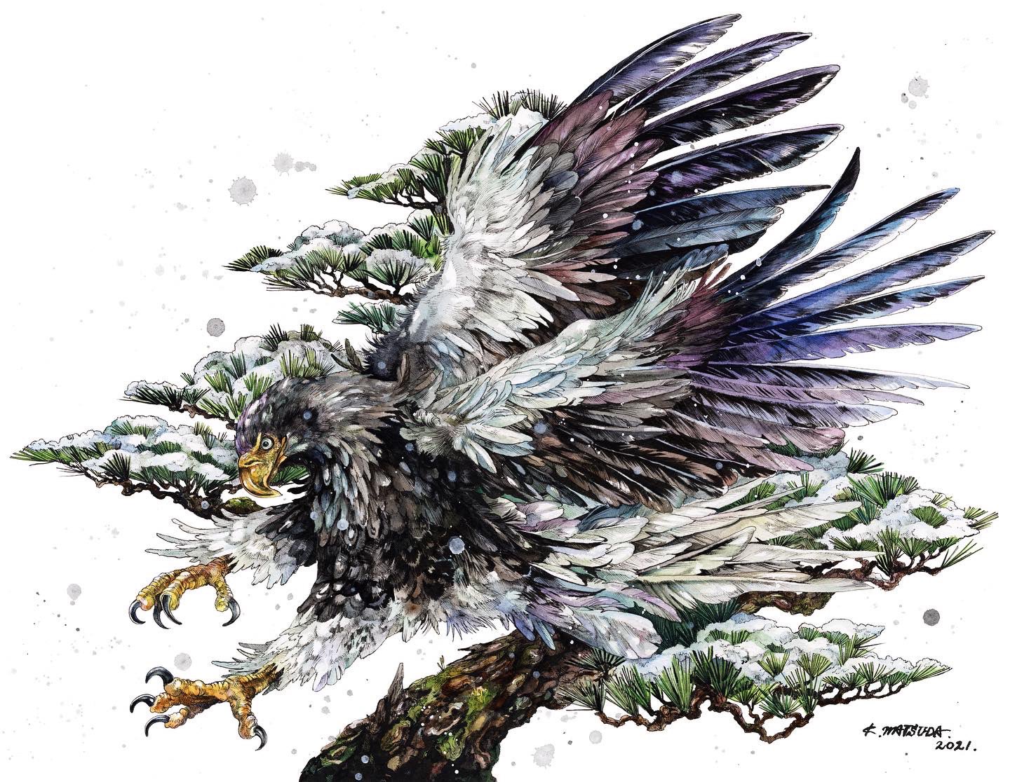 絵画 クマガイモリカズ 油彩 お盆 鳥 クマガイモリカズ 油絵 お盆 鳥