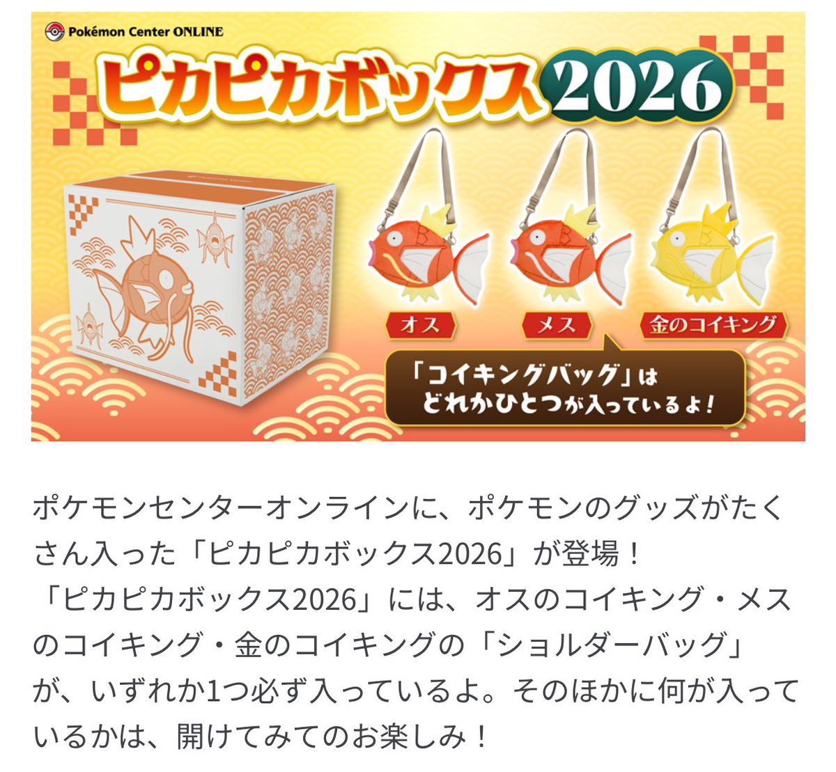 ポケモン 金 コイキング バッグ ピカピカボックス 段ボール未開封