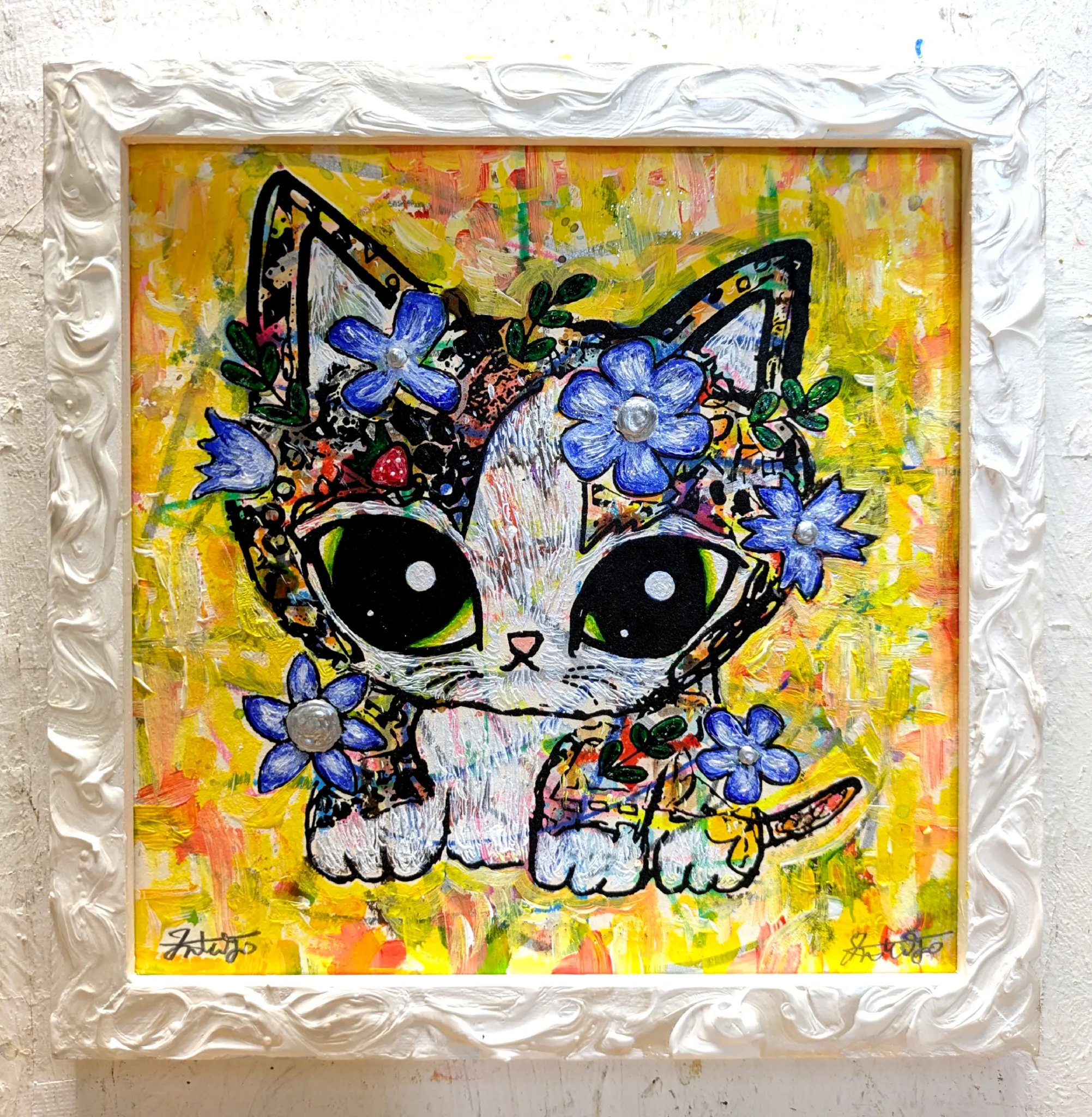 手作り額付き作品 title「お通りニャンコ」 手作り額付き作品 title