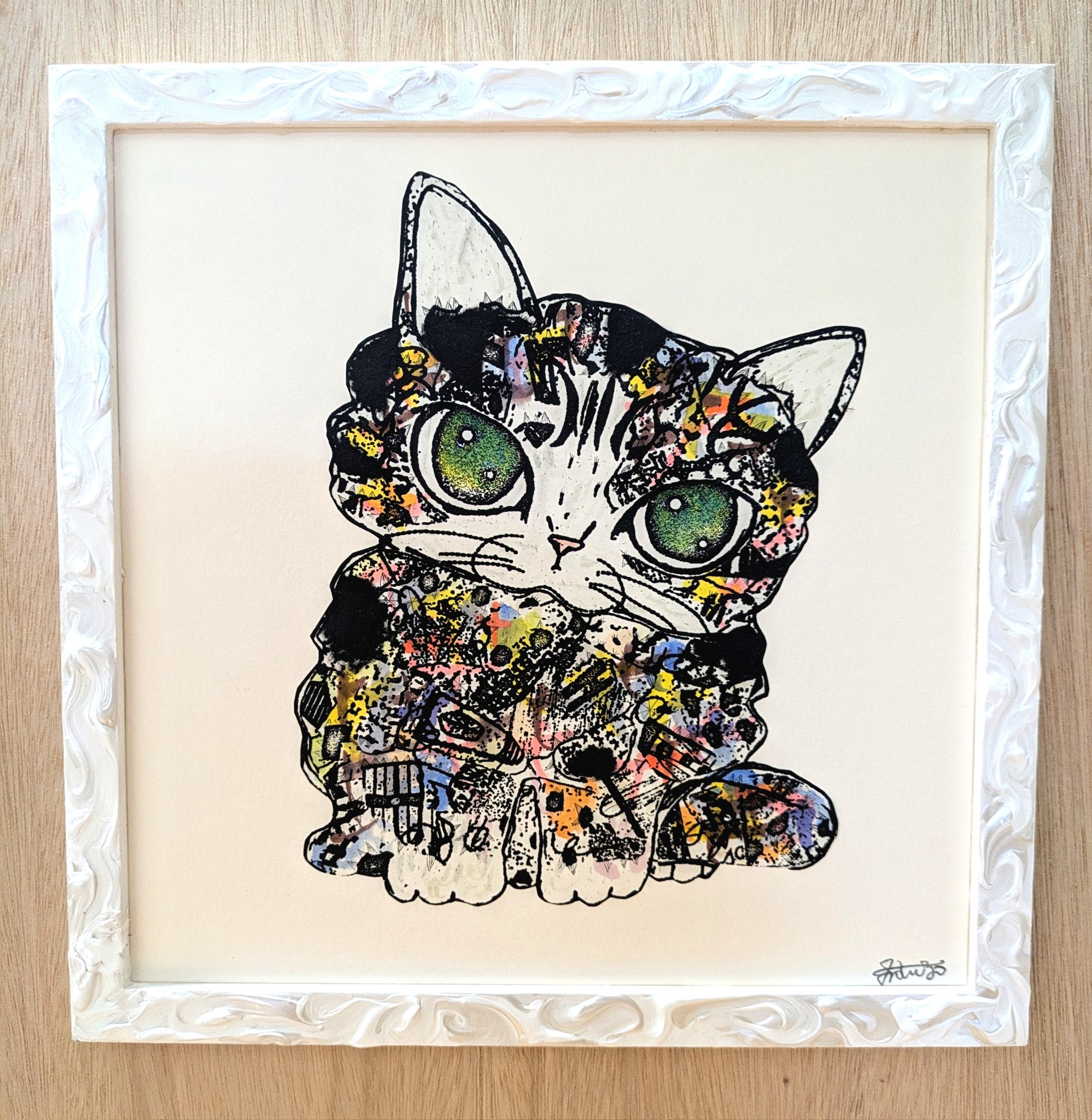 額付き銅版画応用絵画 title「お通りニャンコ」 額付き銅版画応用絵画