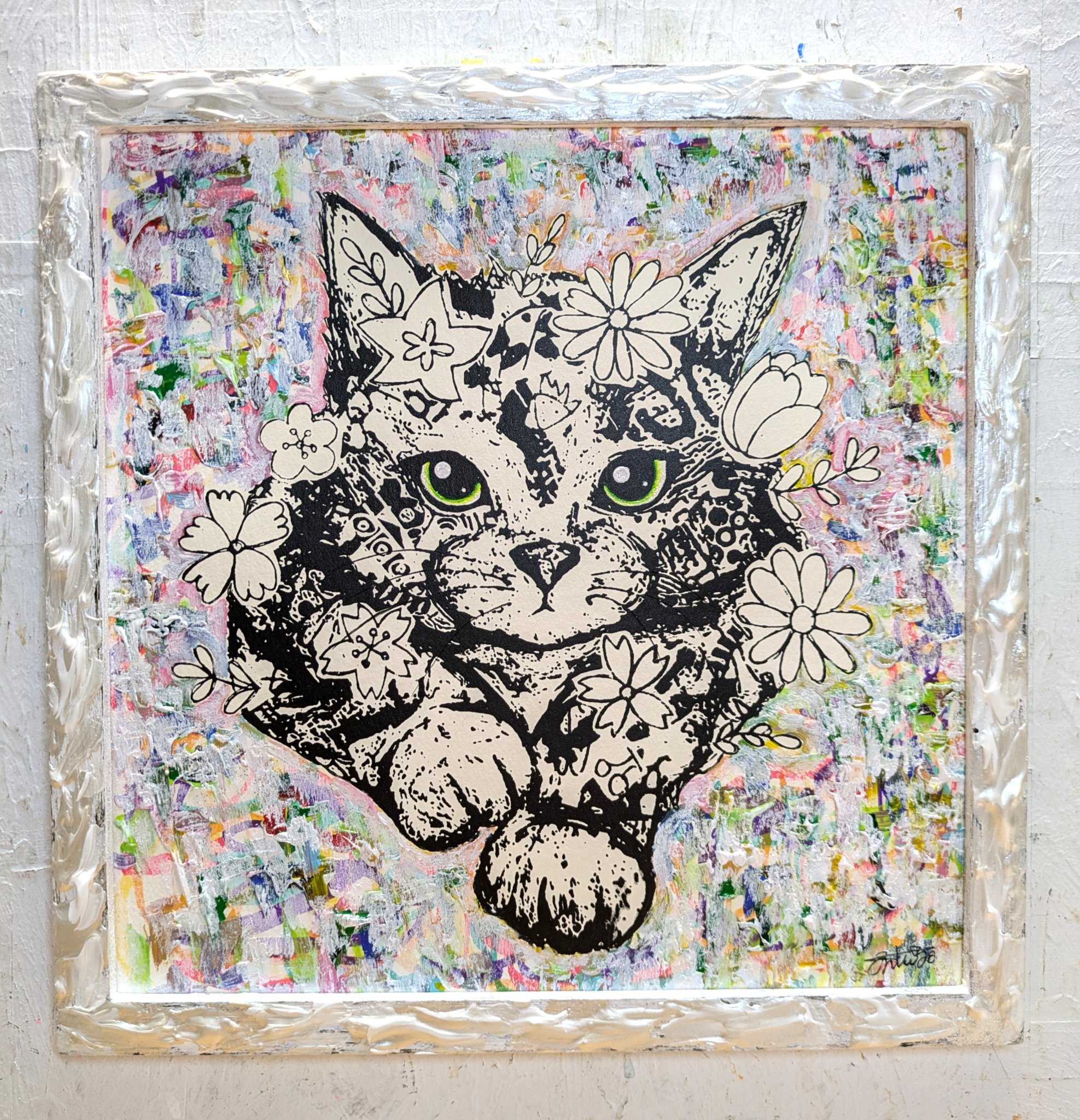 額付き銅版画応用絵画 title「ひらめき猫」アップグレード 額付き銅