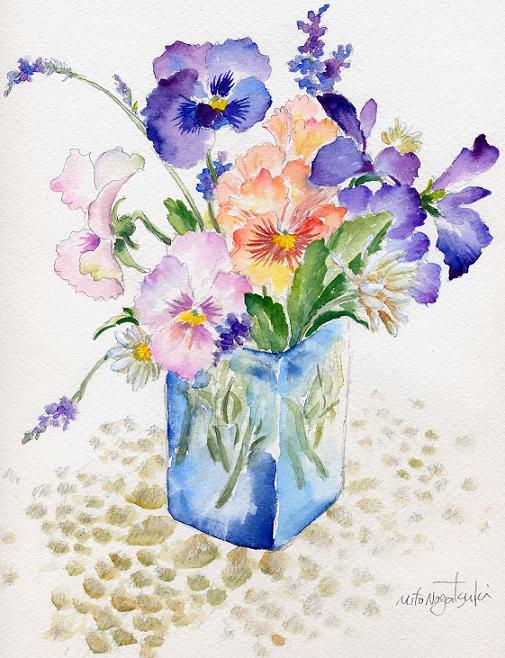 青い花瓶のパンジー～水彩画～ : 油絵画家、永月水人のArt Life