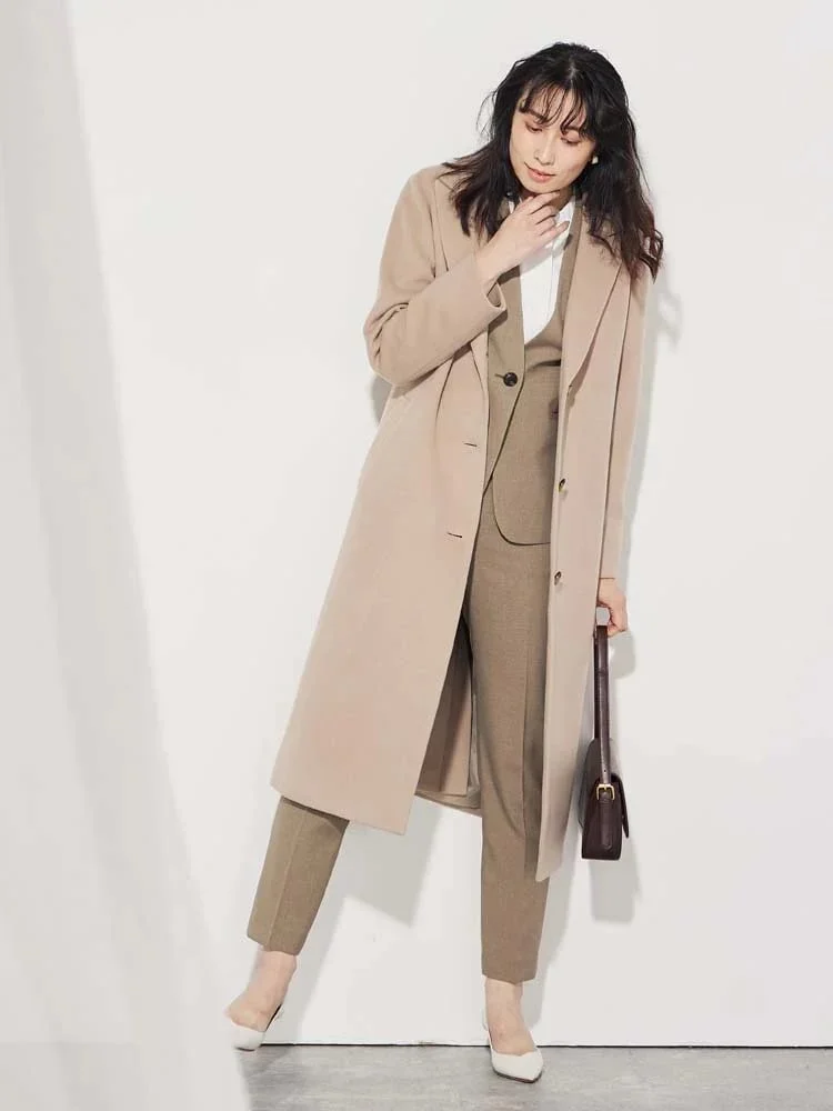 ベージュ 【尾州産ウール】ロングチェスターコート グレー/ベージュ