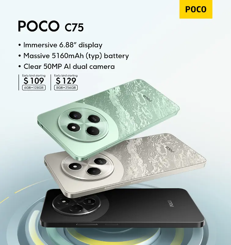 POCO C75 発表、5160mAhバッテリー搭載6.88インチスマートフォン