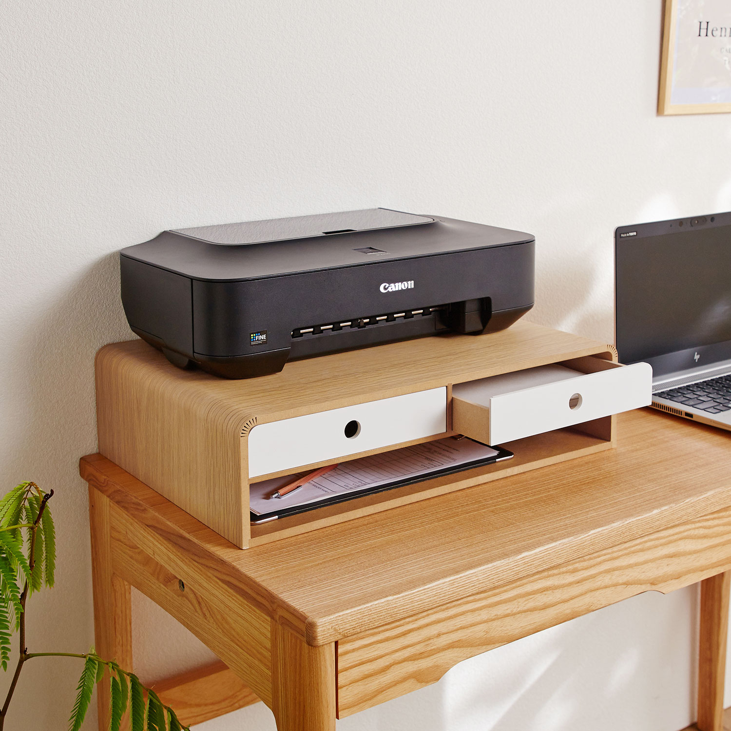 曲木の収納付きプリンター台（収納ボックス/バスケット/小物収納