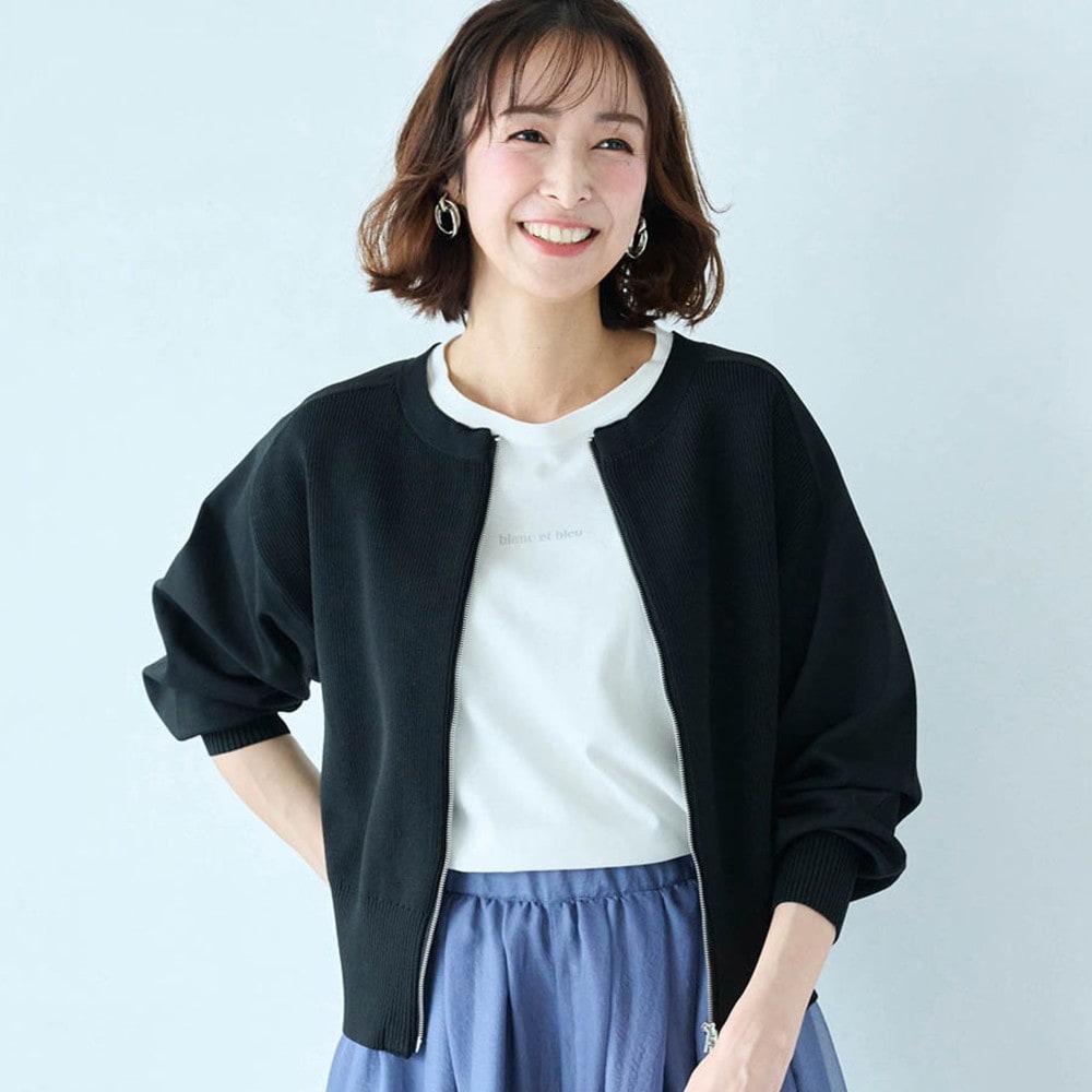 ショート丈ダブルジップニットブルゾン【夜干して朝乾く】(スタイル