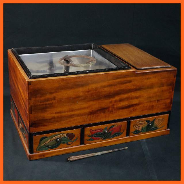 茶道具 木彫り 彫刻 箱火鉢 幅約60.5cm 囲炉裏 長火鉢 各火鉢 収納