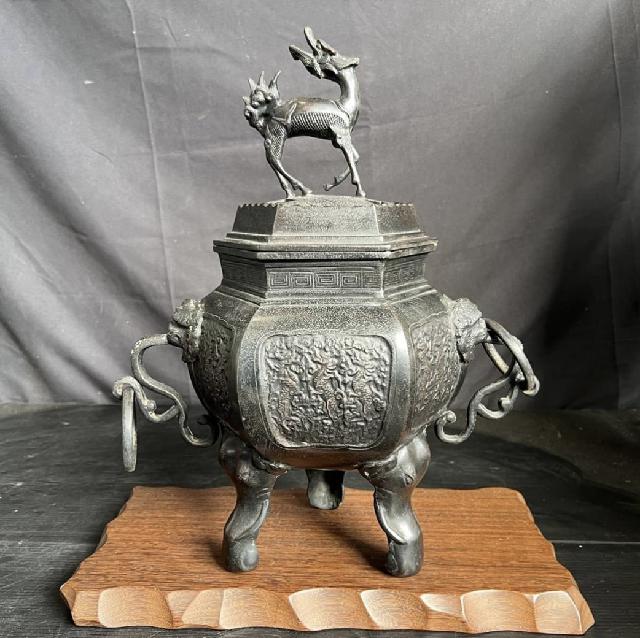 古美術品時代古銅麒麟形香炉高29.5㎝神獣 置物 金属工芸 BJ164