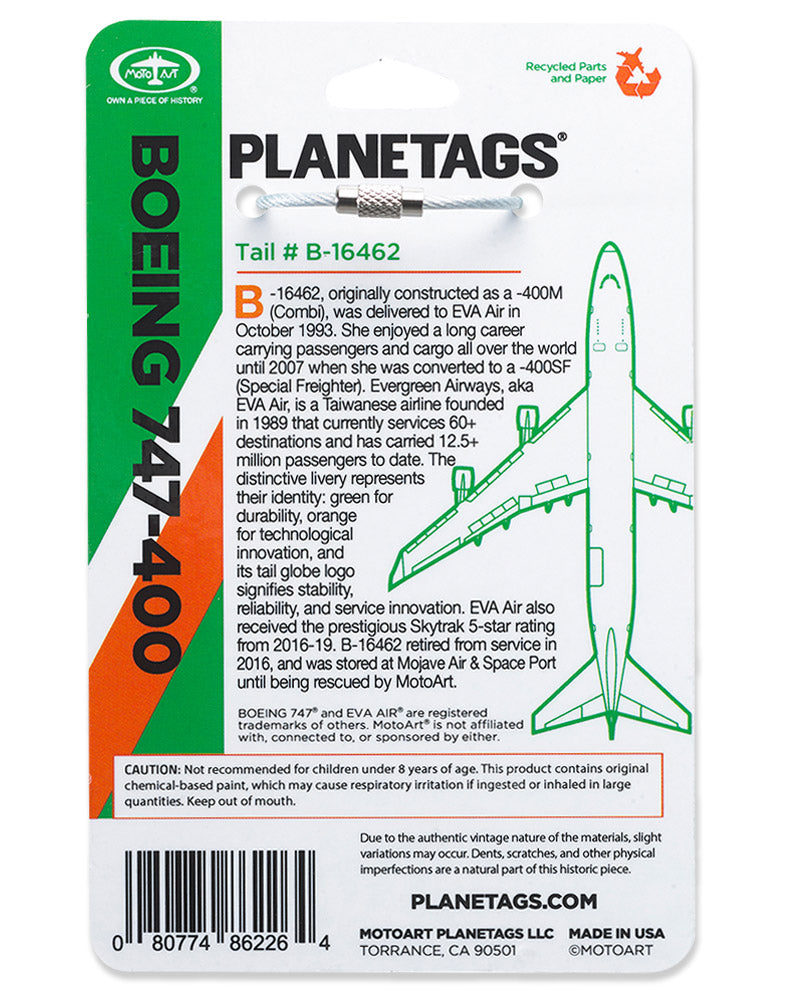 EVA Boeing 747-400 - PLANETAGS TAIL #B-16462 – MotoArt PlaneTags