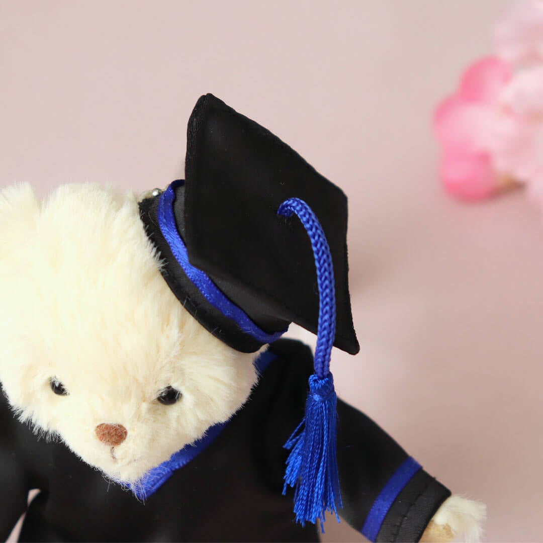 国際的な卒業のシンボル、アカデミックガウンを着たテディベアで卒業を
