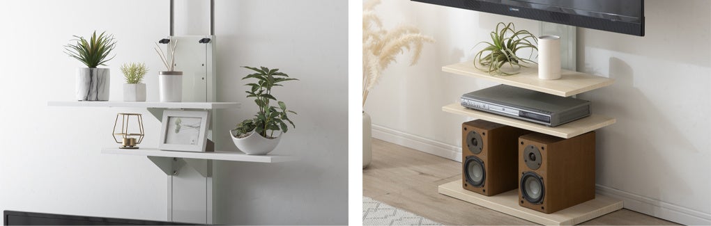 お部屋を彩る壁面ディスプレイがTVスタンドに！」アレンジ可能な収納棚