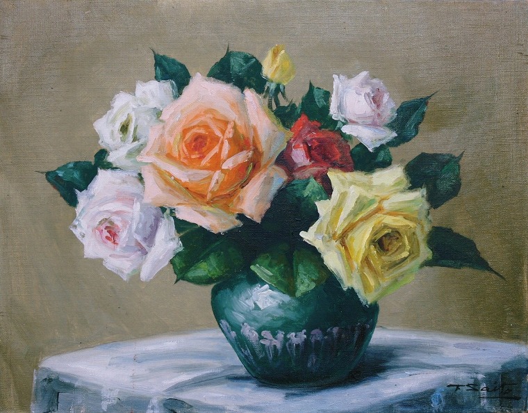 油絵 画家・尾形民子 バラとレモンと瓶の油絵 油絵 画家・尾形民子 バラ