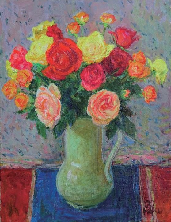 最終値下げ 内田 晃 作品 油絵 バラの花束 油彩画 金色フレーム 最終