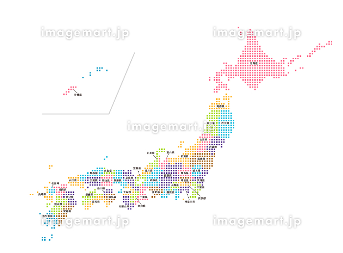 日本地図 (47都道府県カラー分け | 都道府県名) ベクターイラスト (角