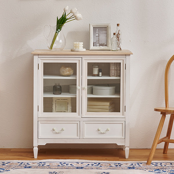 チェスト フレンチアンティーク調 ガラス扉付き 引き出し2杯 完成品